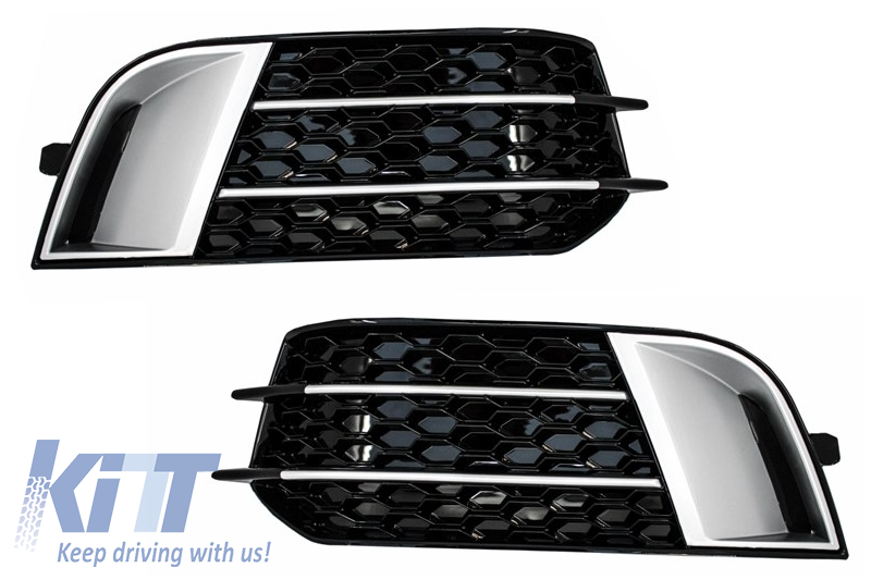 Side Grilles Fog Lamp Covers suitable for Audi A1 8X (2010-2015) RS1 Design Black with Brushed Aluminum Insertions