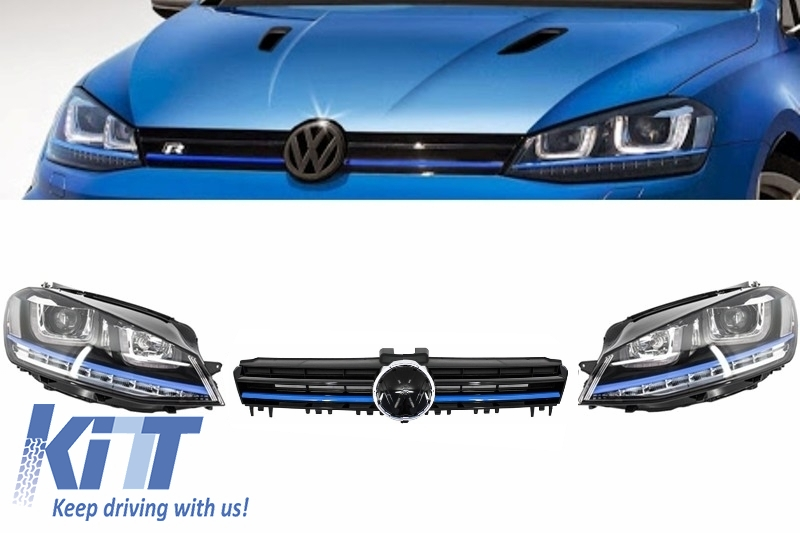 Assembly Headlights 3D LED Turn Light DRL + Grille suitable for VW Golf 7 VII (2012-2017) Blue GTE Look