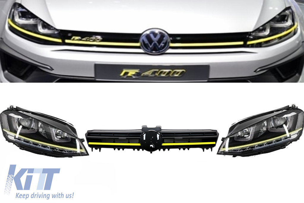 Assembly Headlights 3D LED Turn Light DRL + Grille suitable for VW Golf 7 VII (2012-2017) Yellow R400 Look