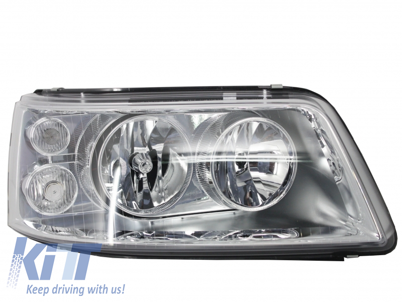 Alkalmas a VW Tranporter T5 (2003-2009) cseréjéhez, a jobb oldali fényszóró króm háttér