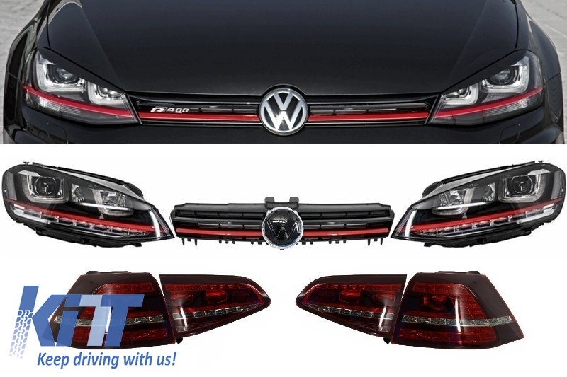 Assembly Headlights 3D LED Turn Light DRL, Taillights and Grille suitable for VW Golf 7 VII (2012-2017) RED R20 GTI Look