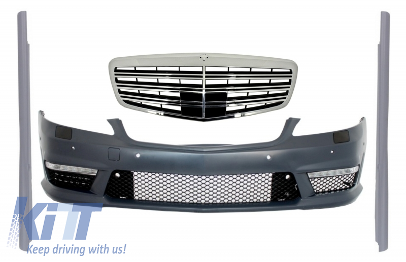 Complete Front Bumper Assembly with Central Grille suitable for Mercedes S-Class W221 (2005-2010) S63 S65 Design and Side Skirts Short Version