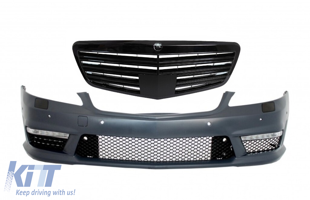 Front Bumper suitable for Mercedes S-Class W221 (2005-2012) S63 S65 Design with Front Grille Facelift Piano Black