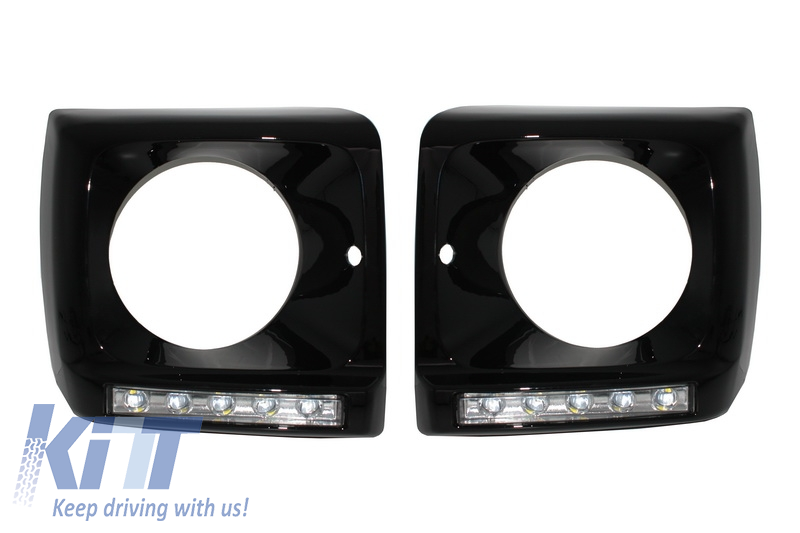 Black Headlights Covers with LED DRL Chrome Daytime Running Lights suitable for Mercedes G-Class W463 (1989-up) G65 Design Black