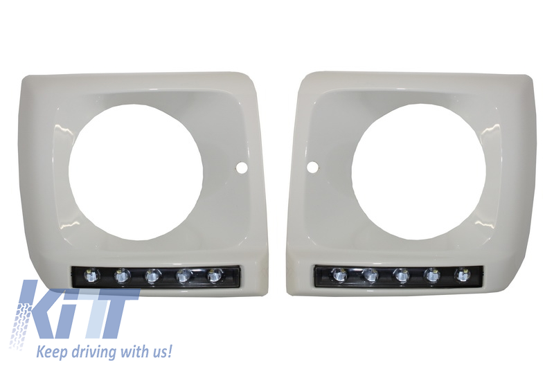 Headlights Covers WHITE with LED DRL Daytime Running Lights suitable for Mercedes G-Class W463 (1989-2012) G65 Design