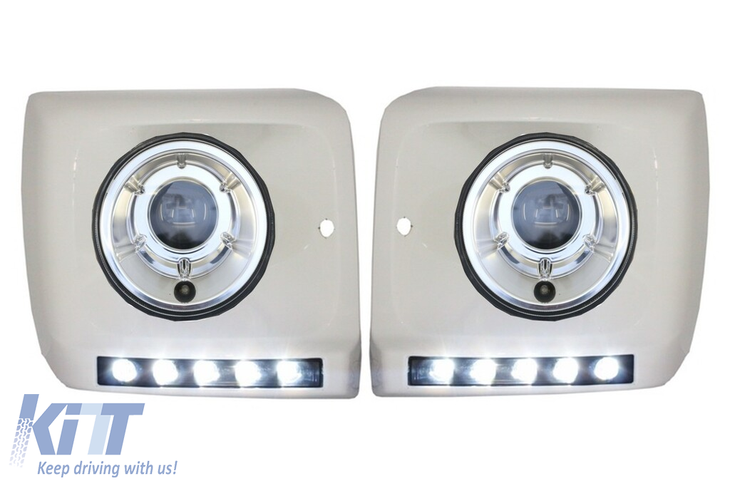 Headlights Bi-Xenon Look Chrome suitable for Mercedes G-Class W463 (1989-2012) witth Covers White with LED DRL G65 Design