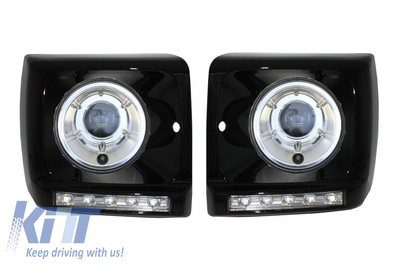 Black Headlights Covers LED DRL Chrome suitable for Mercedes G-Class W463 (1989-2012) G65 Design with Headlights Bi-Xenon Look
