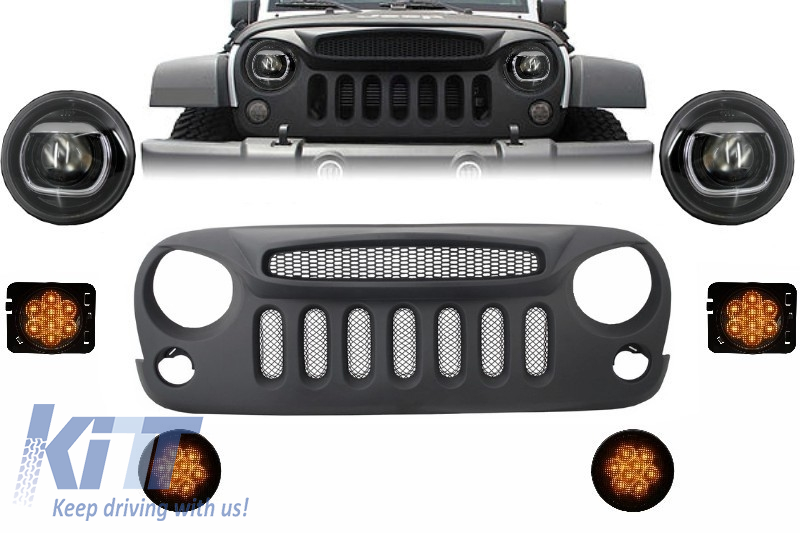 Front Assembly Grille and LED Lights suitable for JEEP Wrangler Rubicon JK (2007-2017) Angry Bird Design Specter Mask