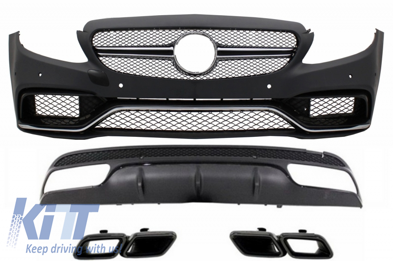 Front Bumper with Rear Diffuser and Exhaust Tips Night Package Black Edition Sport suitable for MERCEDES C-Class W205 S205 (2014-2020) C63 Design