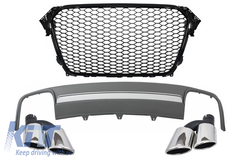 Assembly Central Grille with Rear Bumper Valance Air Diffuser and Muffler Tips suitable for AUDI A4 B8 Facelift (2012-2015) Limousine/Avant RS Design
