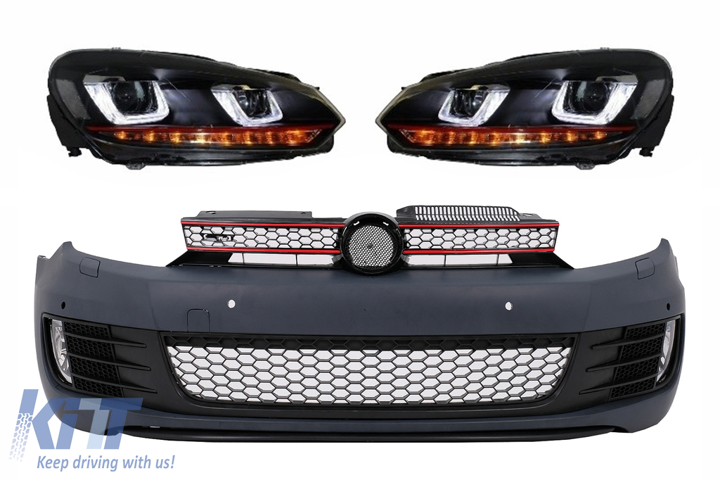 Front Bumper suitable for VW Golf VI 6 (2008-2013) GTI Look with Headlights Golf 7 3D LED DRL U-Design LED Flowing Turning Light Red Stripe GTI