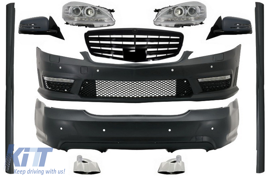 Complete Body Kit with Front Grille Piano Black Complete Mirror Assembly suitable for Mercedes S-Class W221 (2005-2009) LWB Facelift Design