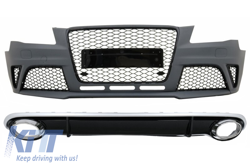 Front Bumper with Rear Bumper Valance Diffuserand Exhaust Tips suitable for Audi A4 B8 Pre-Facelift (2008-2011) RS4 Design