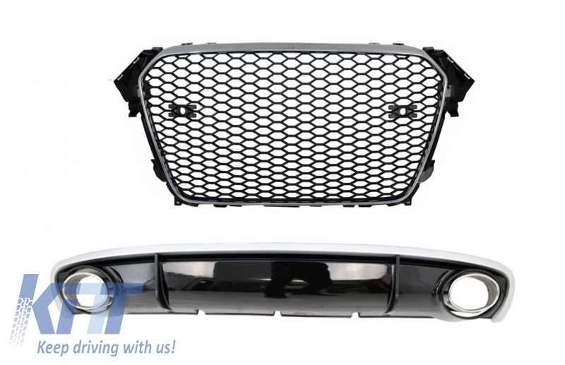Badgeless Front Grille With Bumper Diffuser & Exhaust Tips RS4 Design suitable for AUDI A4 B8 Limo Avant Facelift (2012-2015)