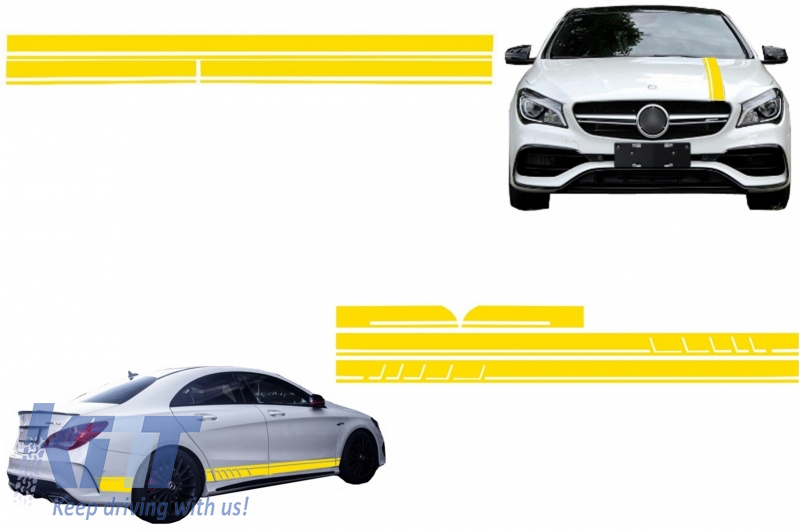 Set Sticker Side Decals and Upper Bonnet Roof Tailgate Matte Yellow suitable for Mercedes CLA W117 C117 X117 (13-16) W176 (12-18) A45 Design Edition 1