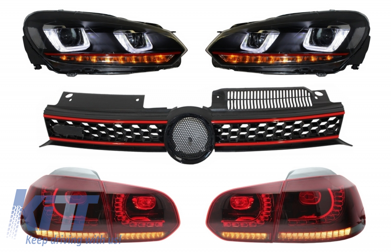 Central Grille suitable for VW Golf 6 VI (2008-2012) with Headlights LED DRL U-Design and Taillights Full LED