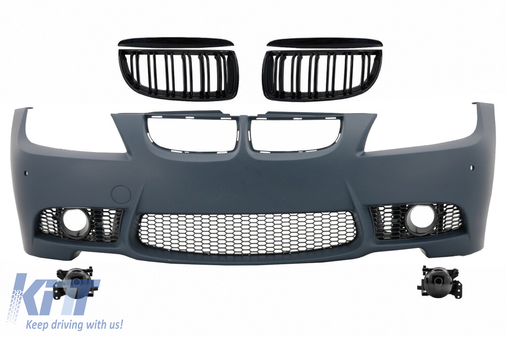 Front bumper Kidney Grilles suitable for BMW 3 series E90 Sedan E91 Touring (04-08) (Non LCI) M3 Design with Fog Lights Smoke