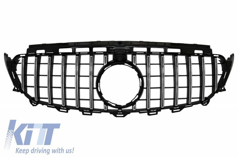Central Grille suitable for Mercedes E-Class W213 S213 C238 (2016-2019) GT-R Panamericana Design Black Chrome With 360 Camera