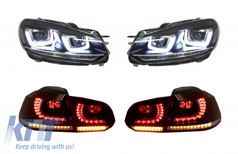 Headlights Chrome and Taillights Cherry Red Full LED suitable for VW Golf 6 VI (2008-2013) R20 U Design Dynamic Sequential Turning Light LHD