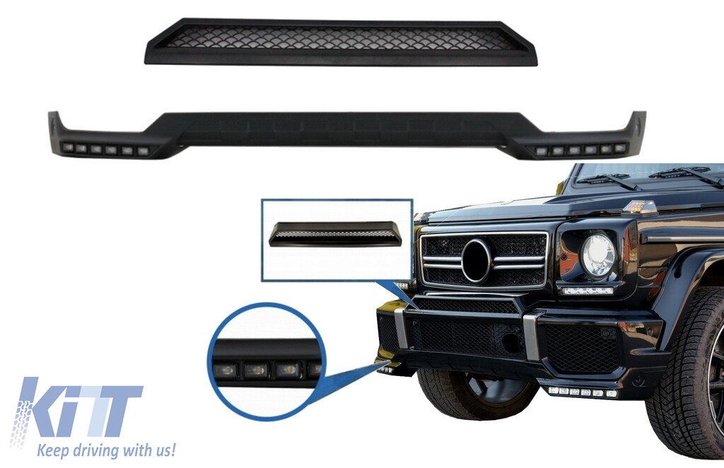 Front Bumper Spoiler LED DRL Extension and Upper Spoiler Lip suitable for Mercedes G-Class W463 (1989-2017) Black