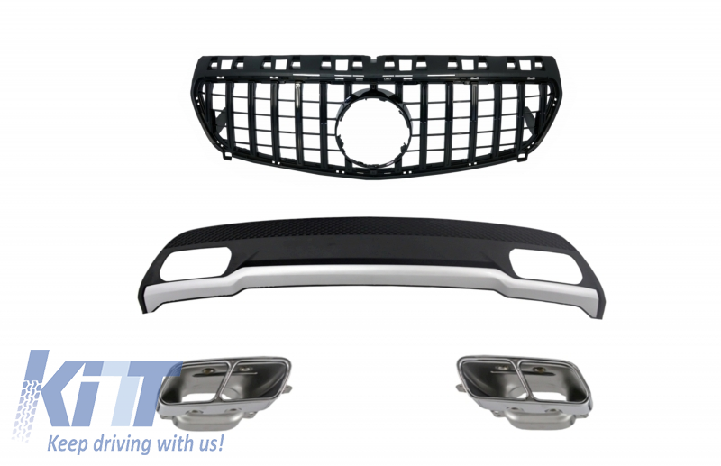 Air Diffuser with Exhaust Muffler Tips and GT-R Panamericana Grille All Black for Mercedes A-Class W176 (2012-08.2015) Sport Pack