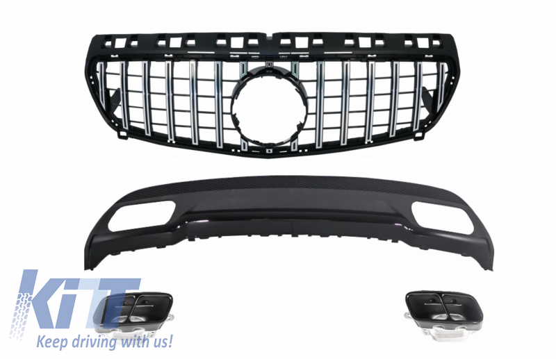 Rear Bumper Air Diffuser with Exhaust Tips Tailpipe suitable for Mercedes A-Class W176 (2012-up) and Central Grille GT-R Panamericana Design Sport Pack