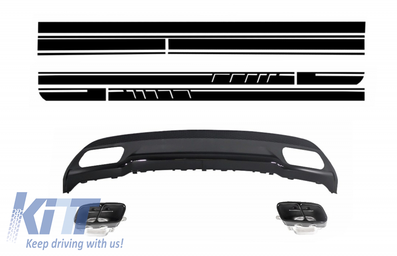 Rear Diffuser and Exhaust Tips Tailpipe Package Black for Mercedes A-Class W176 (2012-up) with Side Decals Sticker Vinyl Matte Black