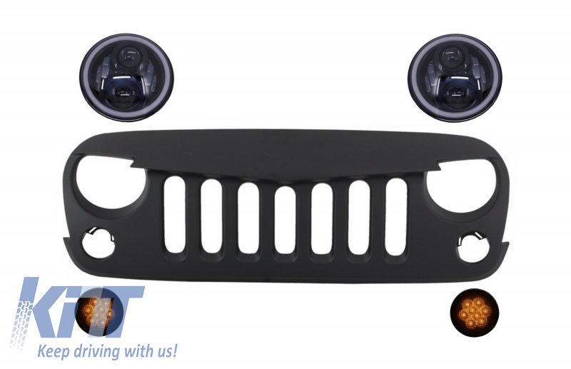 Front Grille with CREE LED Headlights Angel Eye and Turn Signal Light suitable for Jeep Wrangler Rubicon JK 2007-2017