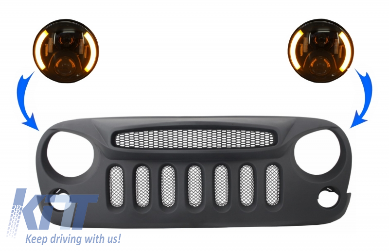 Central Front Grille with 7 Inch CREE LED Headlights suitable for JEEP Wrangler JK (2007-2017) Angry Bird Design Specter Mask