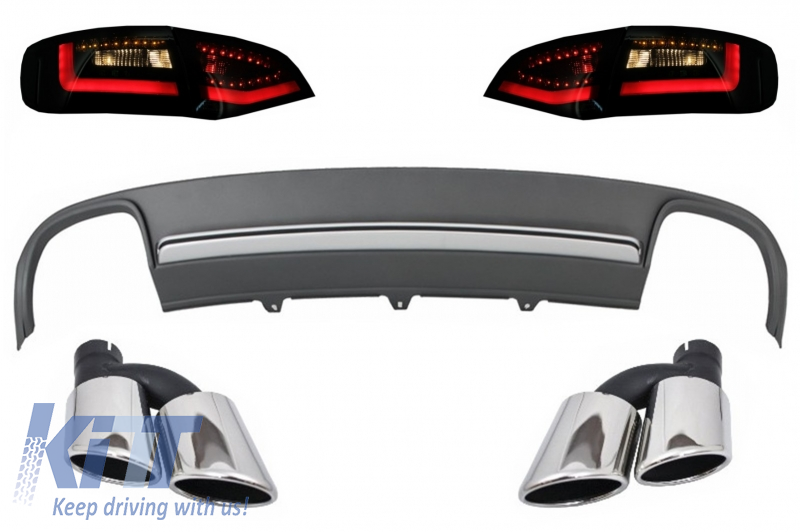 Rear Bumper Valance Air Diffuser and Exhaust Muffler Tips with LED Taillights Dynamic Black/Smoke suitable for AUDI A4 B8 8K Pre Facelift Avant 2008-2011 S4 Design