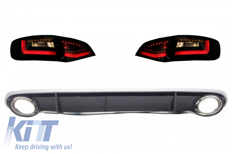 Rear Bumper Valance Diffuser & Exhaust Tips with LED Taillights Dynamic Black/Smoke suitable for AUDI A4 B8 Avant Pre Facelift (2007-2011) RS4 Design