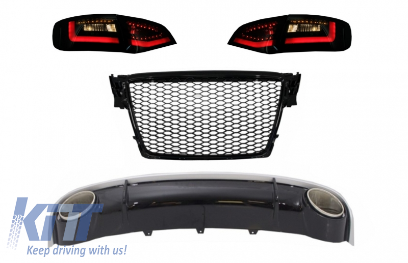 Rear Bumper Diffuser & Exhaust Tips with Central Grille and LED Taillights suitable for AUDI A4 B8 Avant Pre Facelift (2007-2011)