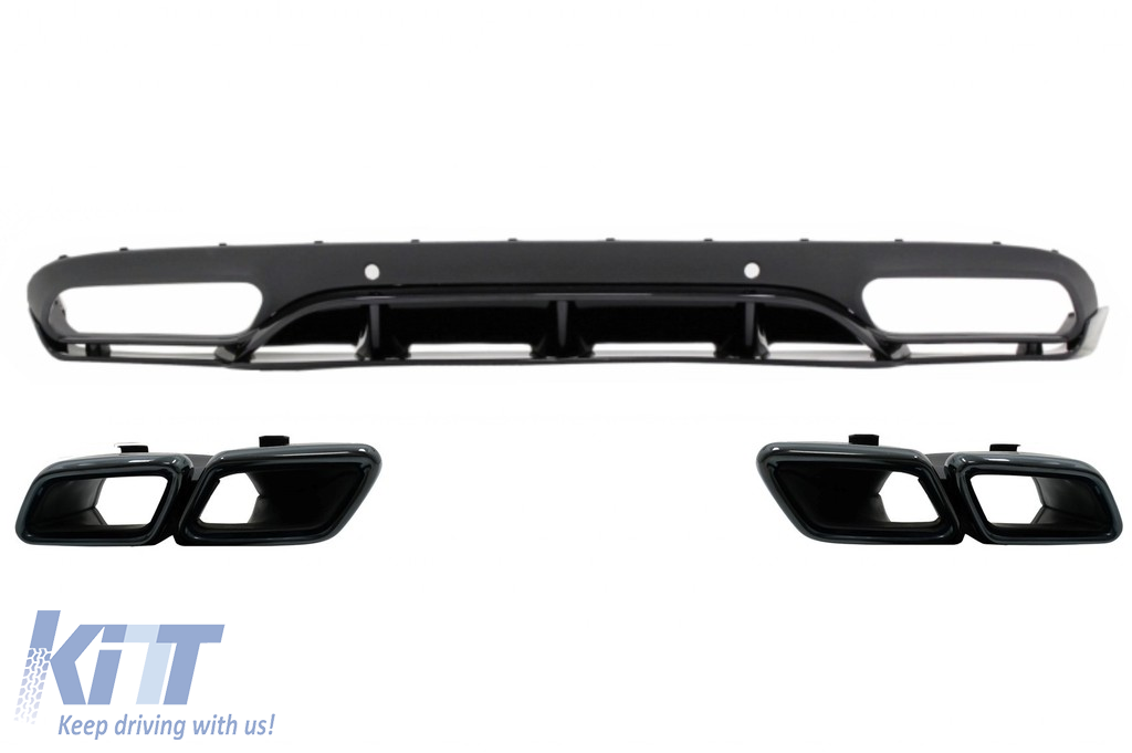Rear Bumper Valance Diffuser with Exhaust Muffler Tips suitable for Mercedes C-Class C205 A205 Coupe Cabriolet (2014-2019) C63 Edition 1 Design Black