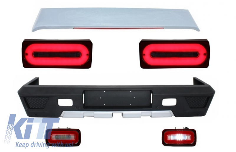 Rear Bumper Roof Spoiler suitable for MERCEDES Benz G-class W463 (1989-2015) with Full LED Taillights Light Bar RED Dynamic Sequential Turning Lights and Fog Lamp Red Clear