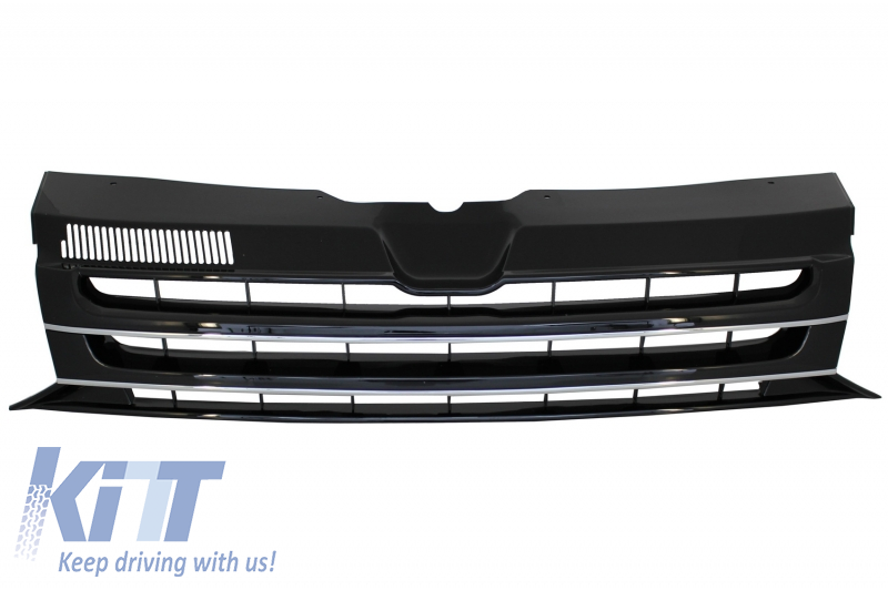 Badgeless Front Debadged Grille suitable for VW T5.1 Facelift Transporter (2010-2015) Black with Chrome Stripes