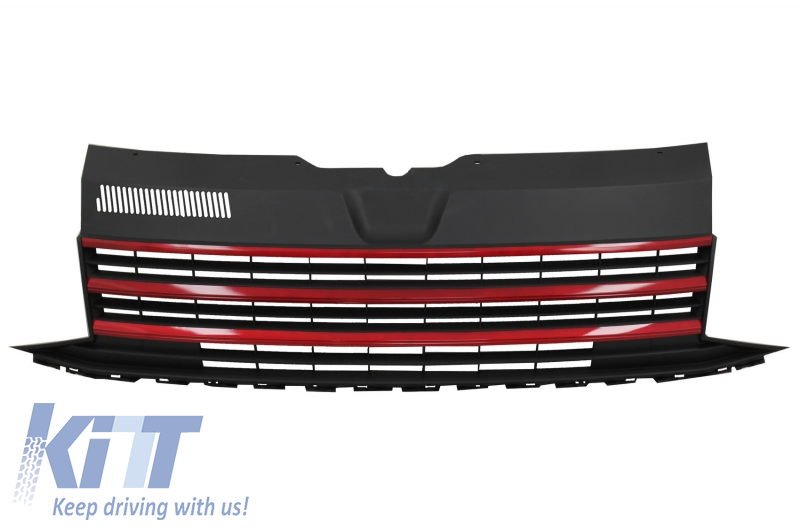 Badgeless Front Debadged Grille suitable for VW T6 Bus Transporter (2015-2019) Red stripes insertion