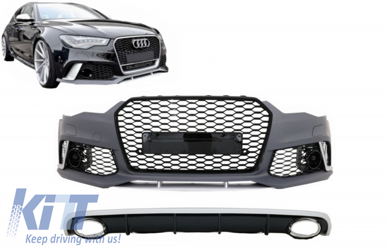 Front Bumper with Rear Bumper Diffuser & Exhaust Tips suitable for Audi A6 C7 4G Facelift (2011-2014) RS6 Design