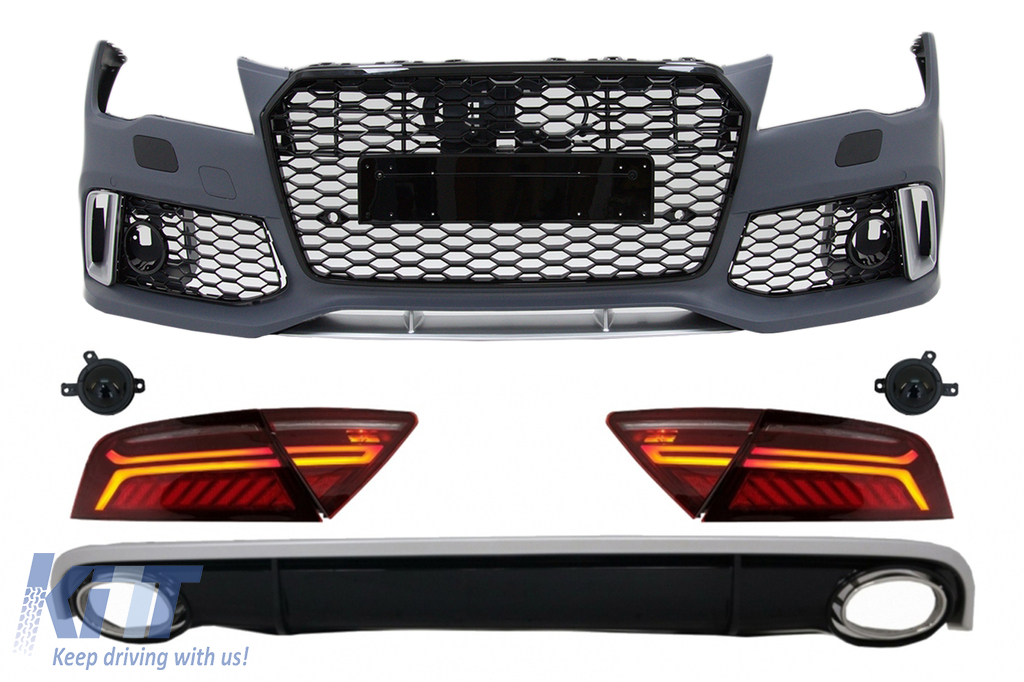 Front Bumper with Diffuser & Exhaust Tips and LED Taillights suitable for Audi A7 4G Pre-Facelift (2010-2014) RS7 Design