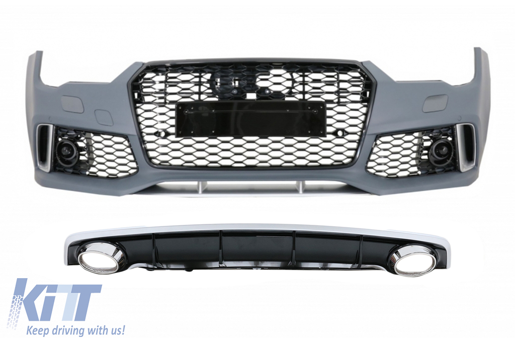Front Bumper with Grille suitable for Audi A7 4G Facelift (2015-2018) and Rear Bumper Valance Diffuser & Exhaust Tips RS7 Design