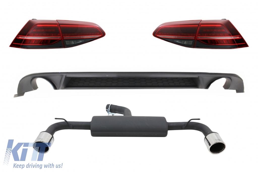 Rear Bumper Air Diffuser suitable for VW Golf 7.5 VII (2017-Up) with Complete Exhaust System and LED Taillights Dynamic Sequential Turning Lights GTI Design
