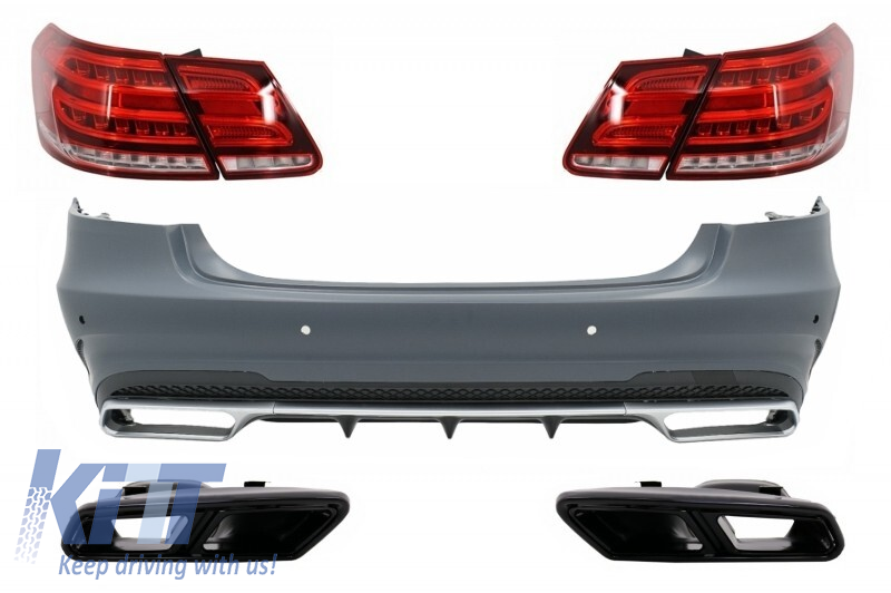 Rear Bumper with Exhaust Muffler Tips Black and LED Light Bar Taillights suitable for Mercedes W212 E-Class Facelift (2009-2012) E63 Design