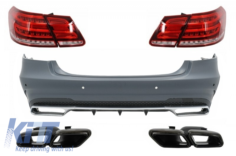 Rear Bumper with Exhaust Muffler Tips Black Edition and LED Light Bar Taillights suitable for Mercedes W212 E-Class Facelift (2009-2012) E63 Design