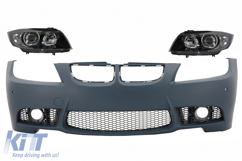 Front Bumper with Headlights Black suitable for BMW 3 series E90 E91 Pre-LCI (2005-2008) Sedan Touring M3 Design