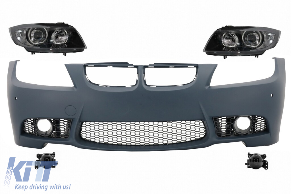 Front Bumper with Fog Light Projectors and Headlights Black suitable for BMW 3 series E90 E91 Pre-LCI (2005-2008) Sedan Touring M3 Design