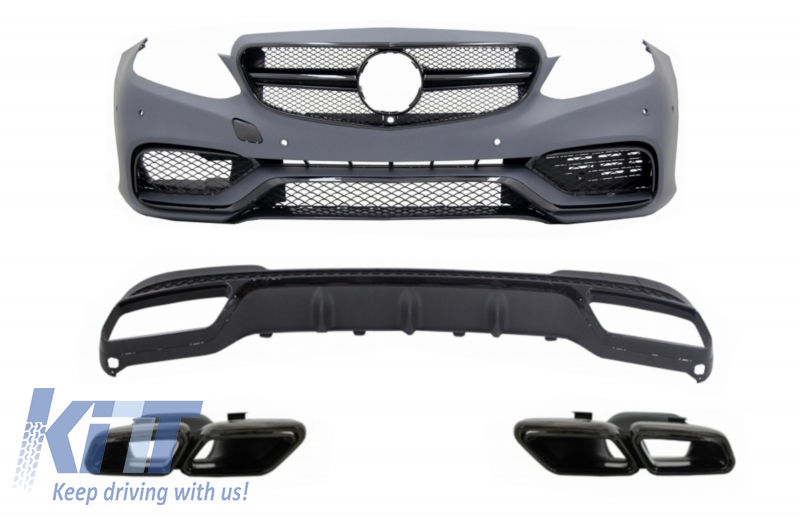 Front Bumper suitable for Mercedes E-Class W212 S212 Facelift (2013-2016) with Rear Diffuser Exhaust Tips for Sport Pack Black Edition