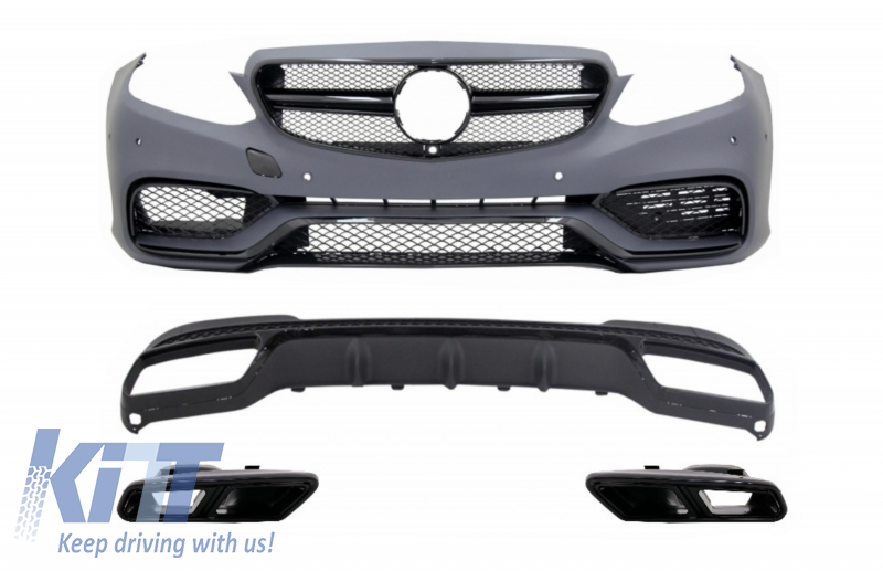 Front Bumper suitable for Mercedes E-Class W212 S212 Facelift (2013-2016) with Rear Diffuser Exhaust Tips for Sport Pack Black Edition