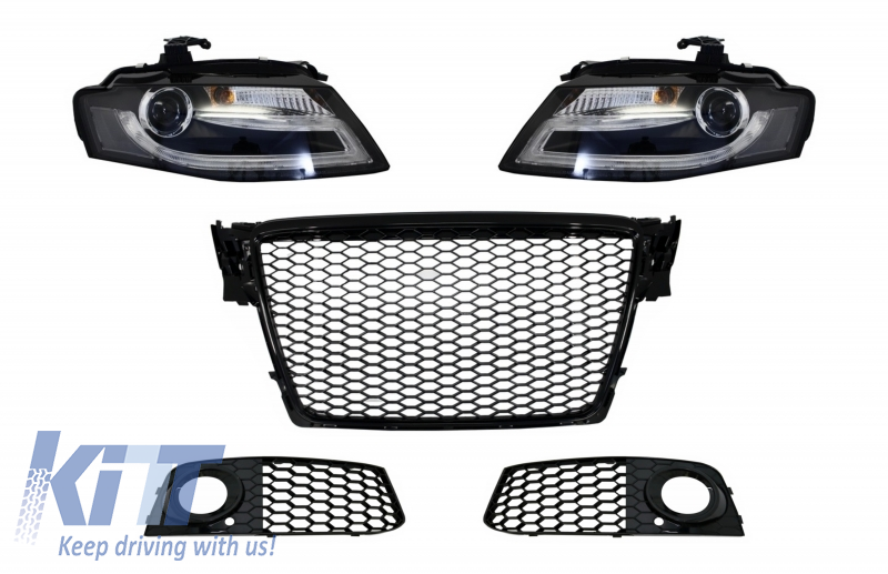 Badgeless Front Grille with Fog Lamp Covers and LED DRL Headlights suitable for AUDI A4 B8 8K (2008-2011) RS Design Piano Black