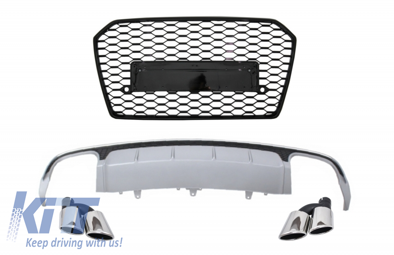 Rear Bumper Valance Diffuser with Exhaust Muffler Tips and Grille suitable for Audi A6 4G Facelift (2015-2018) Limousine Avant RS6 Design