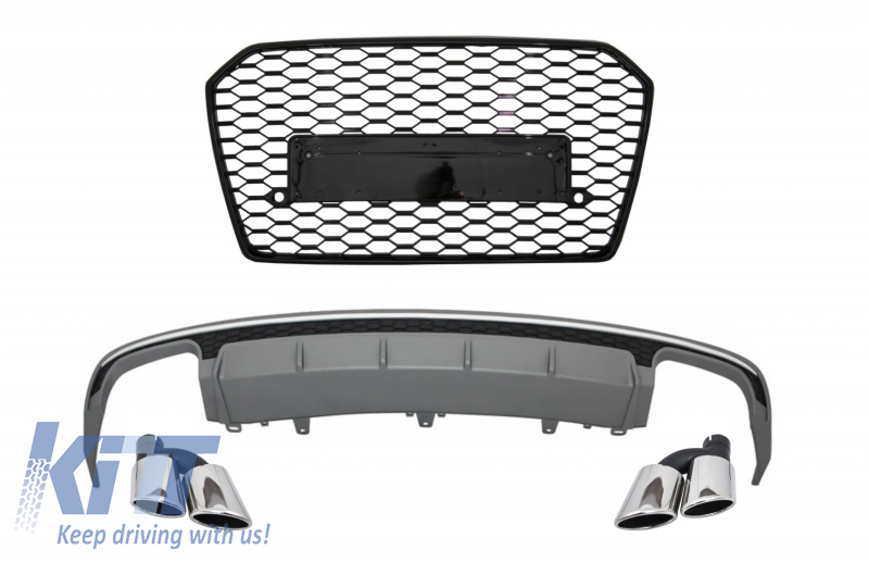 Rear Bumper Valance Diffuser with Exhaust Muffler Tips and Front Grille suitable for Audi A6 4G Facelift (2015-2018) Sedan Limousine S6 Design