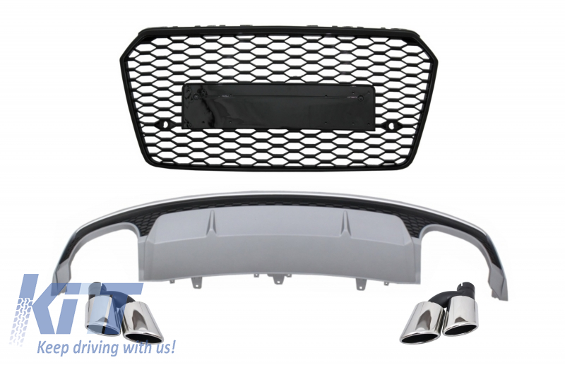 Bumper Valance Air Diffuser with Exhaust Muffler Tips and Front Grille suitable for AUDI A7 4G Facelift (2015-2017) S7 Design